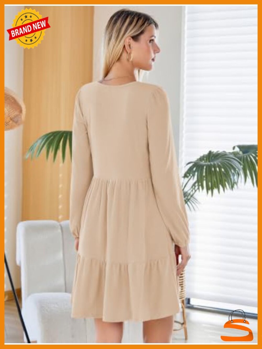 Naggoo Ribbed Knit Babydoll Sweater Dress Women Long Sleeve V Neck Ruffle Mini - Picture 3 of 6